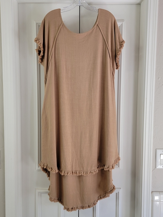 Umgee Dresses & Skirts - Umgee Linen Blend Short Sleeve Hi Lo Dress Fringe Hem Pockets Coastal Boho Sz- L